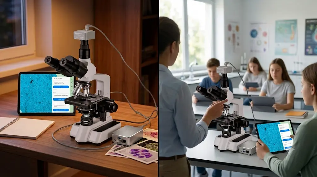 Estación de microscopía microbeVision: microscopio conectado a una tablet con la interfaz de análisis y su uso en el aula